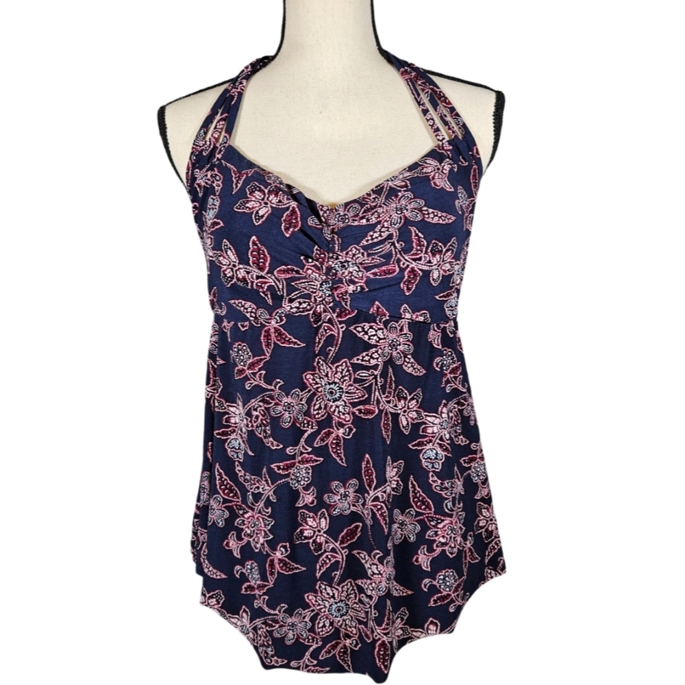 Coastal Blue Halter Tankini, Navy/Maroon, Size Large(12-14)